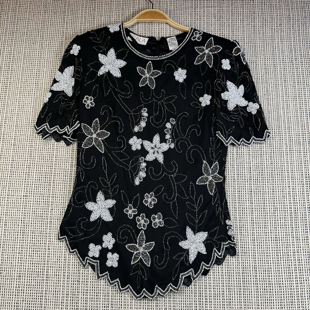 Vintage SCALA Silk Beaded Top S Black Silver Floral Hand Beaded Art Deco NWT